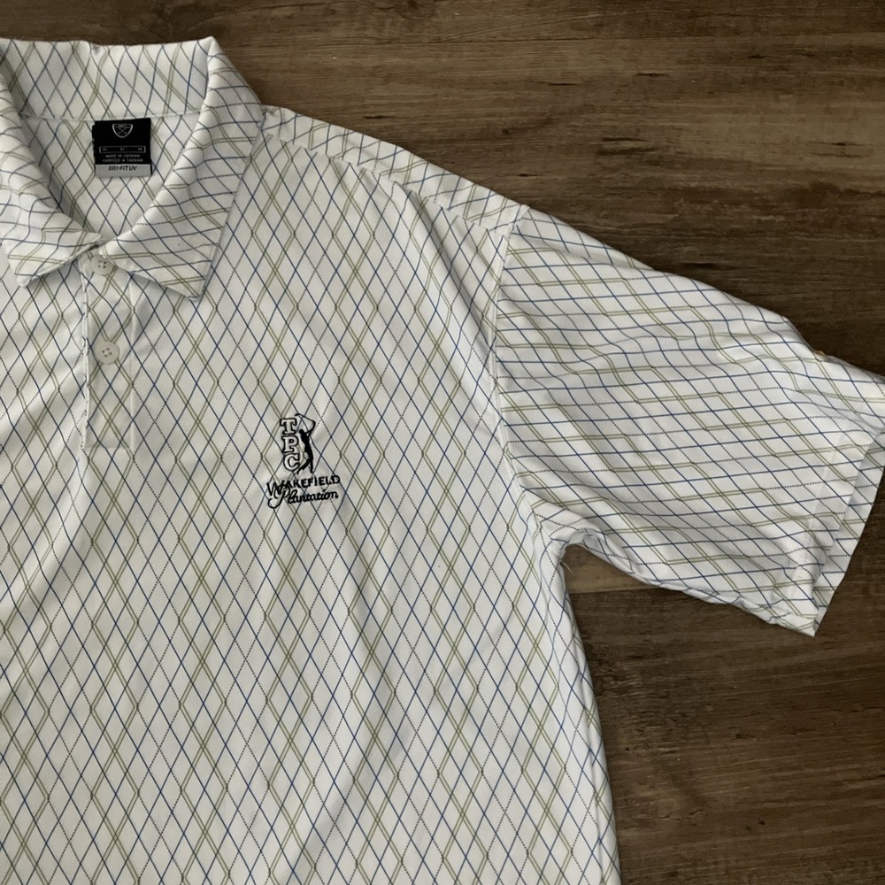 NIKE GOLF TPC‎ WAKEFIELD NC Size Medium Lightweight Polo Shirt White Geometric